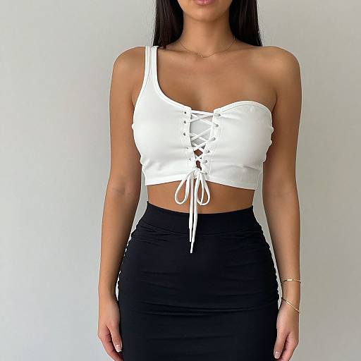 Photograph of a woman with long black hair, wearing a white lace-up crop top and black high-waisted skirt, against a plain white background