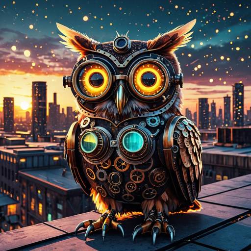 Steampunk Owl on Urban Rooftop at Sunset Steampunk Owl on Urban Rooftop at Sunset