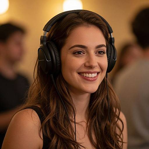 Photograph of a smiling young woman with long brown hair, wearing black headphones, in a warmly lit, blurred indoor background.