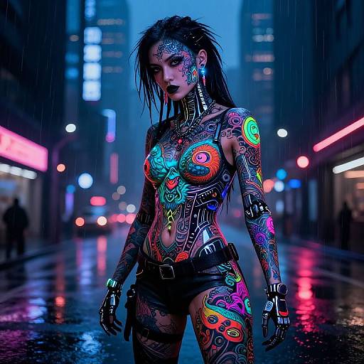 Glow-in-the-dark tattooed woman in black shorts and gloves, standing in a neon-lit, rainy city street at night. Digital art.