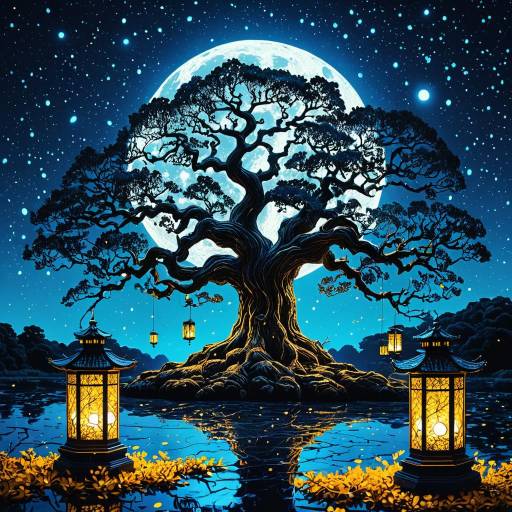 Ancient Oak Tree Under Moonlight with Lanterns