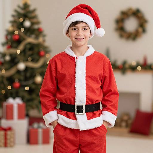 Photograph of a young boy with medium skin tone, dark hair, wearing a red Santa outfit with white trim, black belt, and Santa hat,