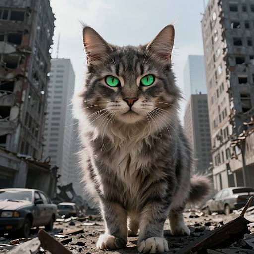 Photograph of a fluffy, gray tabby cat with bright green eyes standing in a rubble-filled, war-torn urban street between tall, damaged buildings