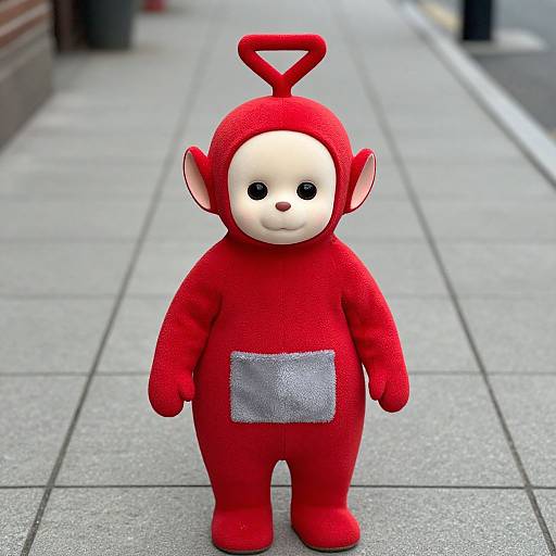 Photograph of a cute, plush red monkey mascot with white face, black eyes, silver chest patch, standing on a gray sidewalk.