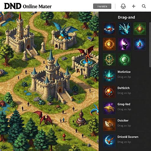 Digital RPG game screenshot: colorful medieval castle with towers, pathways, and characters; side menu displays magic and ability icons. Vibrant, detailed, and