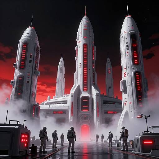 Digital artwork of a futuristic, red-lit, white spaceship terminal with three towering spires, silhouetted figures in foreground, surrounded by mist