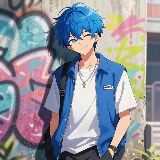Blue-Haired Anime Boy Urban Style
