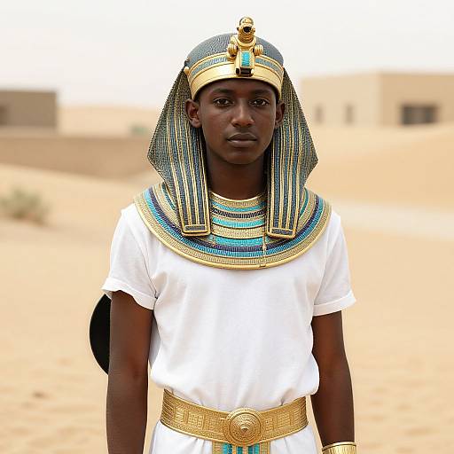 Photograph of a young Black boy dressed as an ancient Egyptian pharaoh, wearing a striped headdress, white tunic, golden belt, and blue