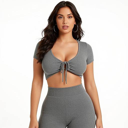 Photograph of a curvy woman with long black hair, wearing a gray knotted crop top and high-waisted pants, against a plain white