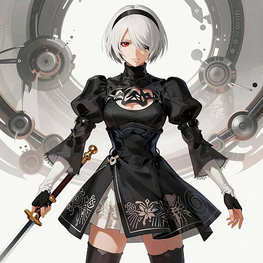 Digital anime-style drawing of 2B from NieR: Automata. She has white hair, red eyes, black dress with white lace, and