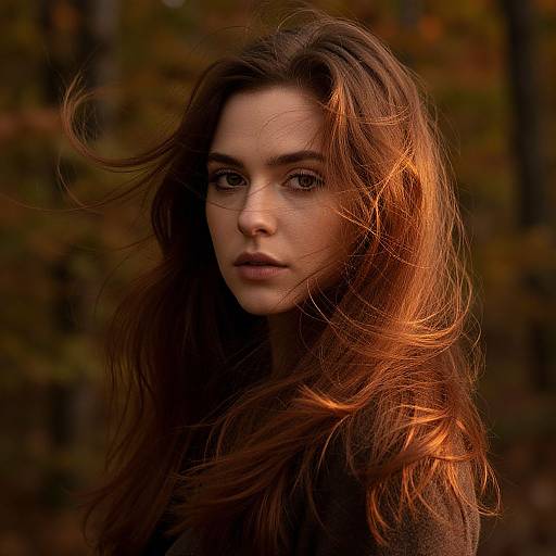 Photograph of a young woman with long, wavy, auburn hair illuminated by warm light, standing against a blurred autumn forest background. She