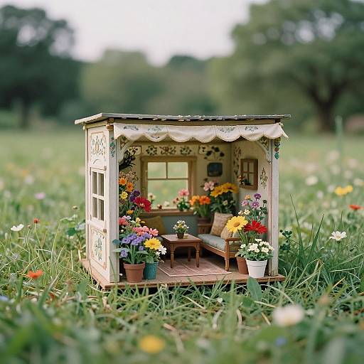 Photograph of a detailed miniature white cottage with floral decorations, surrounded by vibrant flowers and set in a lush, grassy meadow.