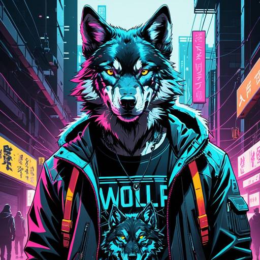 Cyberpunk Male Cyborg Wolf in Neon Urban Streetwear
