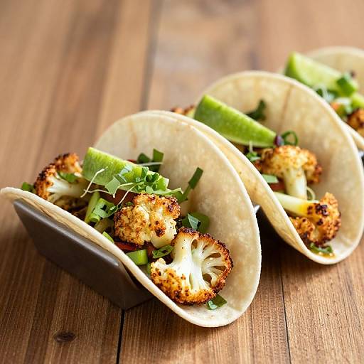Photograph of three soft shell tacos with crispy fish, lime wedges, and green onions on a wooden table.