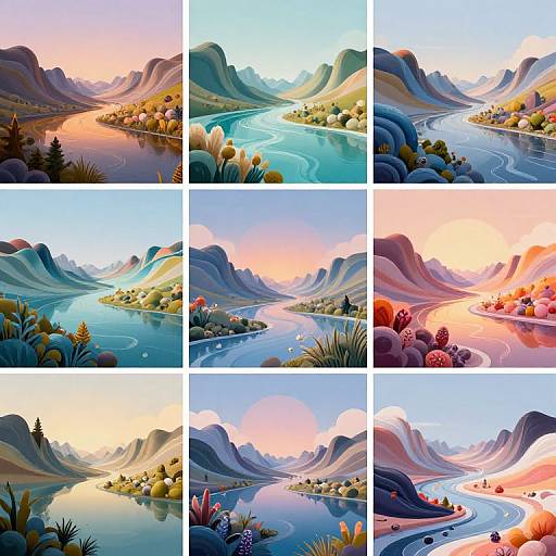 Digital art collage of nine vibrant, stylized mountain landscapes with winding rivers, colorful foliage, and reflections, showcasing various sunset and sunrise hues.