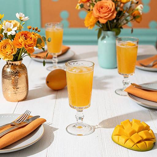 Bright, colorful table setting with orange juice in crystal glasses, orange roses, white daisies, orange napkins, and sliced mango, on a
