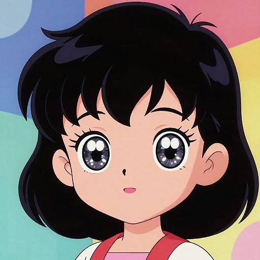 Digital anime-style drawing of a cute girl with large, sparkling blue eyes, black hair, and a red and white outfit, against a colorful geometric background