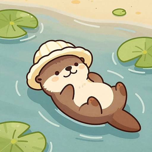 Cute cartoon otter in a white hat, floating in blue water with green lily pads, smiling contentedly. Digital illustration.