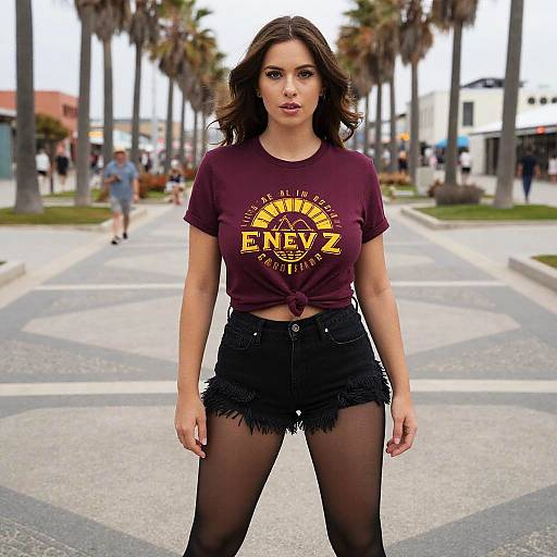 Photograph of a brunette woman with wavy hair, wearing a maroon 