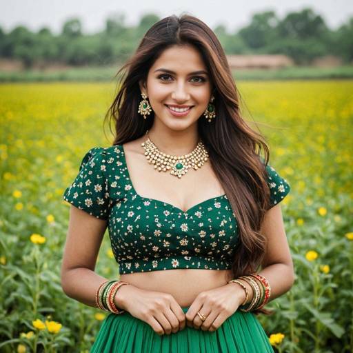 Indian Woman in Green Lehenga Choli in Flower Field