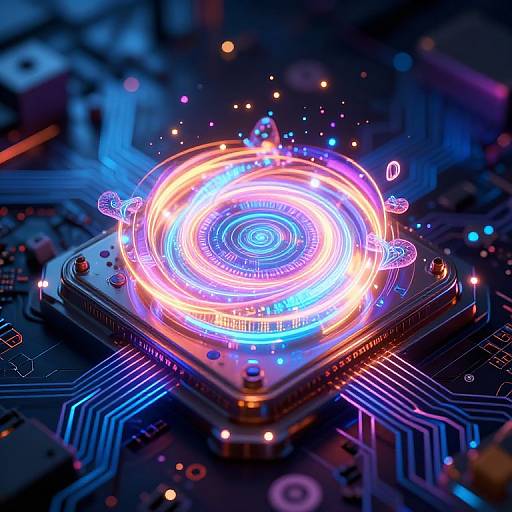 Photograph of a glowing, neon blue and pink circular LED light on a dark, circuit board background, with vibrant, colorful lines and sparks surrounding it