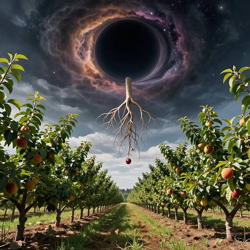 Photograph-like digital art: surreal orchard with rows of apple trees, dark cosmic eclipse overhead, single tree with roots dangling, red apple hanging,