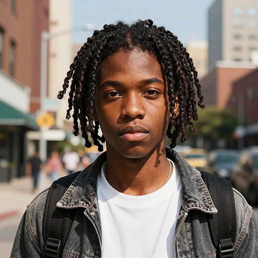 Photograph of a young Black man with dark brown skin, long dreadlocks, wearing a white t-shirt and denim jacket, standing in a sunlit