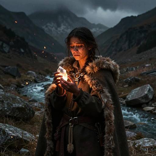 Photograph of a young woman with wet, dark hair, wearing a fur-collared cloak, holding a lit match in a rugged, mountainous