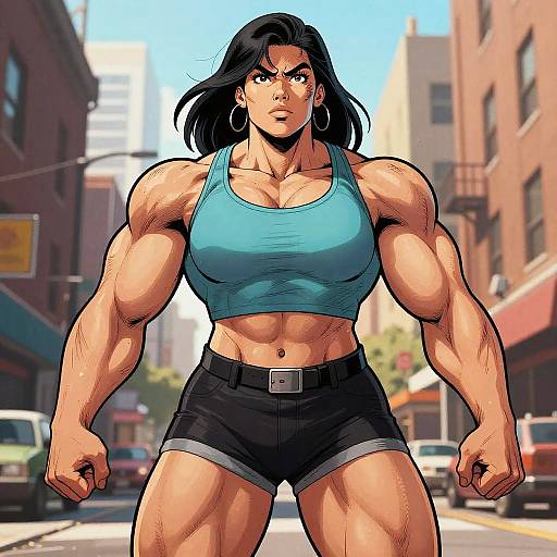 Comic Muscle Girl in Urban Scene