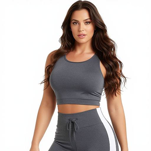 Photograph of a fit woman with long, wavy brown hair, wearing a gray crop top and high-waisted leggings, against a plain white
