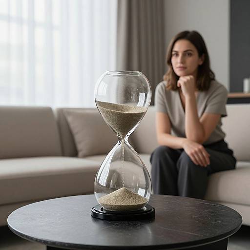 Photograph of a woman with brown hair, wearing a gray shirt and black pants, sitting on a white couch, looking at a glass hourglass with