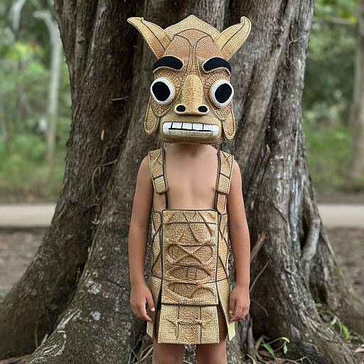 Boy in Tiki Costume by Tree