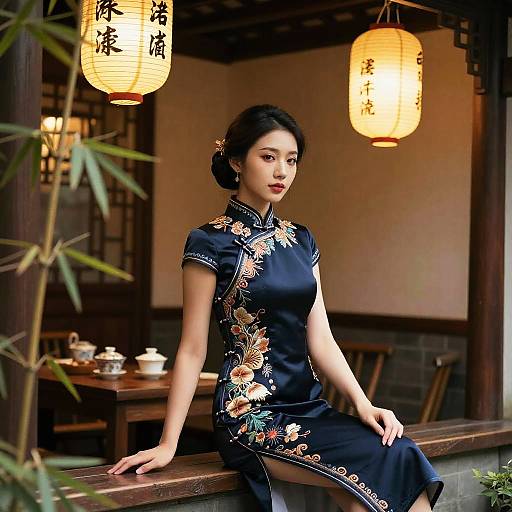Photograph of an elegant Asian woman in a black floral cheongsam, sitting outdoors at a wooden table, illuminated by traditional lanterns.