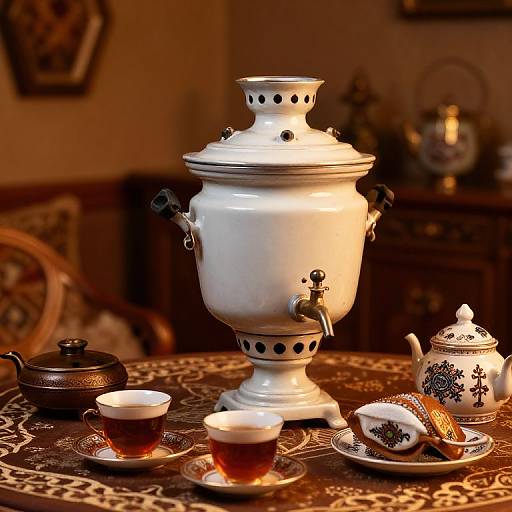 Photograph of a vintage tea setting with a white ceramic teapot adorned with black dots, surrounded by tea cups, a teapot, and cookies on