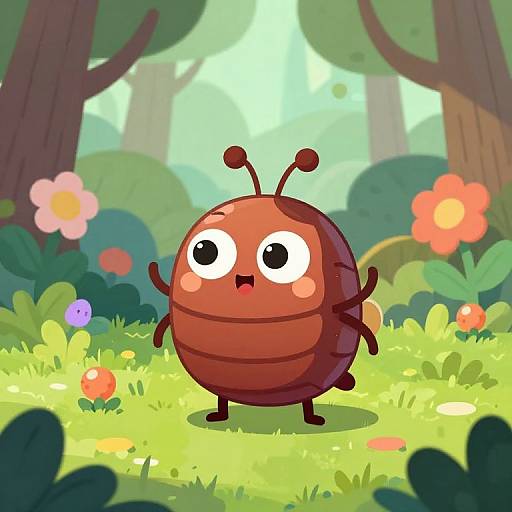 Cartoonish, round, red ant with big eyes and tiny antennae stands in a vibrant, sunlit forest clearing filled with colorful flowers and green