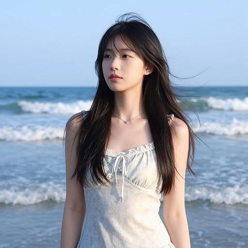 Photograph of an Asian woman with long black hair, wearing a white sundress, standing on a beach with waves in the background. Blue sky and