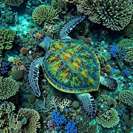 Photograph of a vibrant, multicolored sea turtle with intricate patterns, swimming amidst a rich, diverse coral reef teeming with various corals and