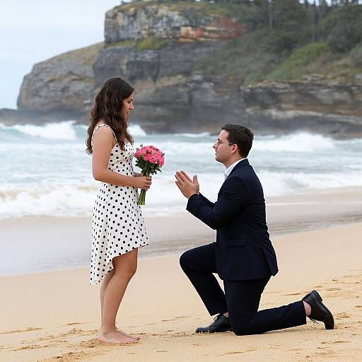 Photograph of a bride in a white polka-dot dress and groom in a black suit kneeling on a sandy beach, proposing with pink roses. Rocky