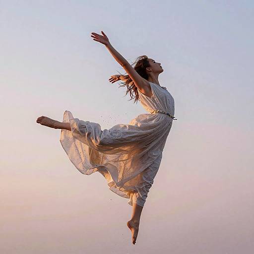 Graceful Woman Leaping in Flowing Dress