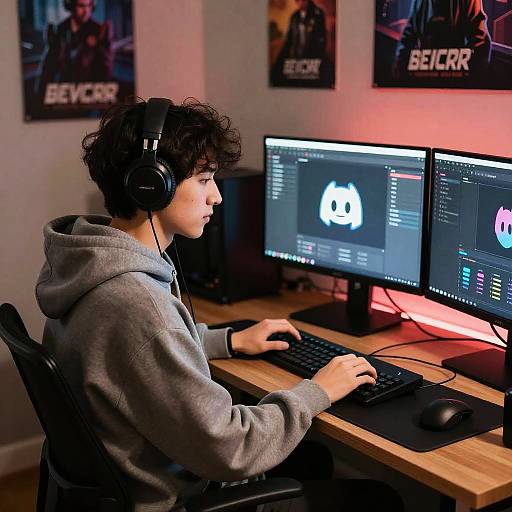 Photograph of a curly-haired young man in a gray hoodie, wearing black headphones, typing on a keyboard in front of dual monitors displaying gaming software,