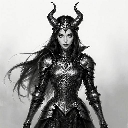Digital art of a fierce, dark-haired woman with black horns, wearing ornate, black, gothic armor, set against a white background.