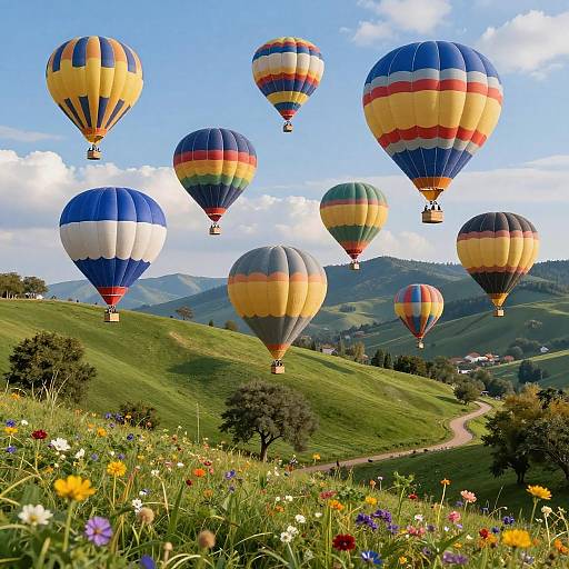 Colorful Hot Air Balloons Over Vibrant Hills