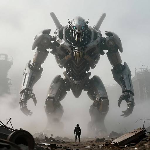 Digital artwork of a towering, menacing robotic monster with glowing eyes, standing over a small, silhouetted human figure in a dusty, industrial ruin
