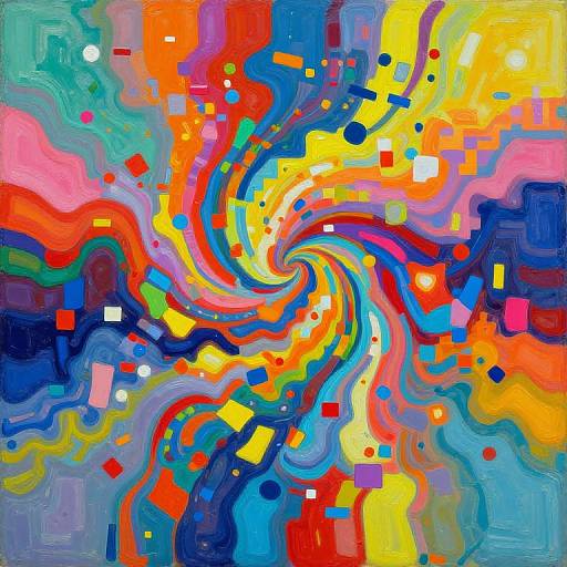 Abstract digital painting featuring swirling, colorful waves in vibrant shades of red, orange, yellow, blue, and green with scattered squares and dots.