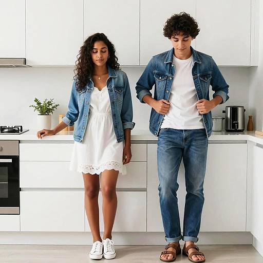 Smiling Couple in Denim and White Dress