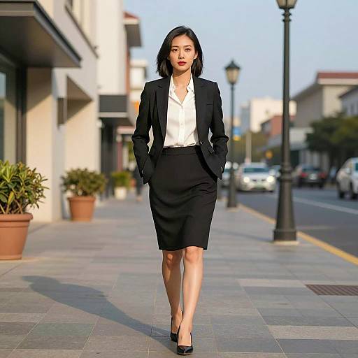 Confident Asian Businesswoman in Black Suit Walking Outdoors