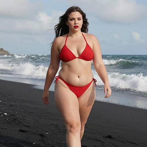Confident Woman on Black Sand Beach