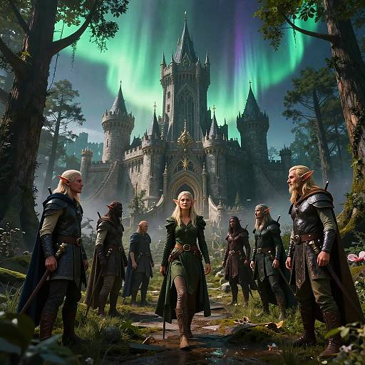 Elven Group in Enchanted Boreal Forest with Medieval Castle