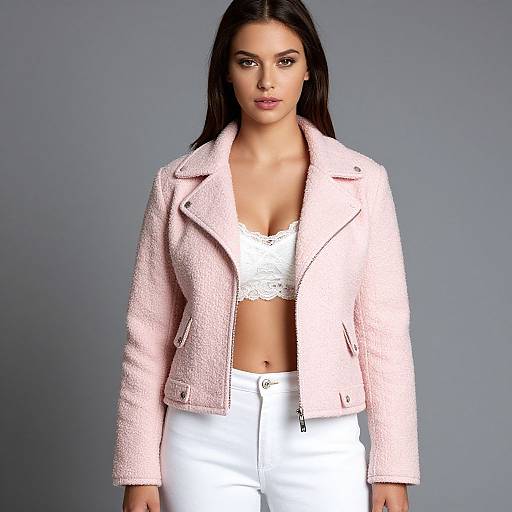 Photograph of a woman with long dark hair, wearing a pink textured jacket over a white lace bralette, and white pants, standing against a gray