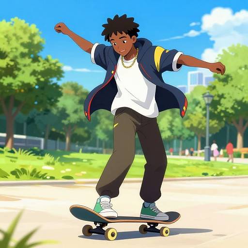 Anime-style drawing of a young Black boy with dark skin, black hair, and a white shirt, skateboarding in a sunny park.